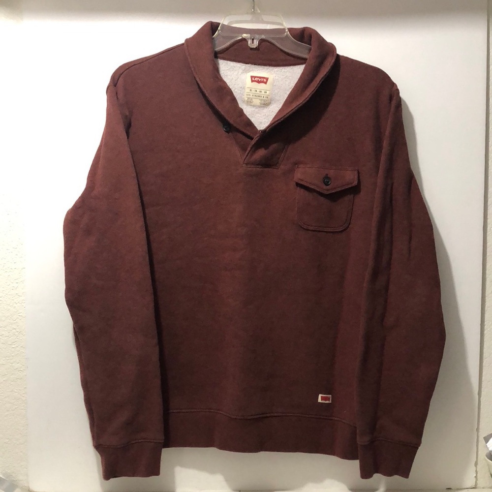 Levi’s Shawl Collar Sweatshirt Men XL Brick Red Blend Cuffed Pullover Casual - Picture 1 of 8